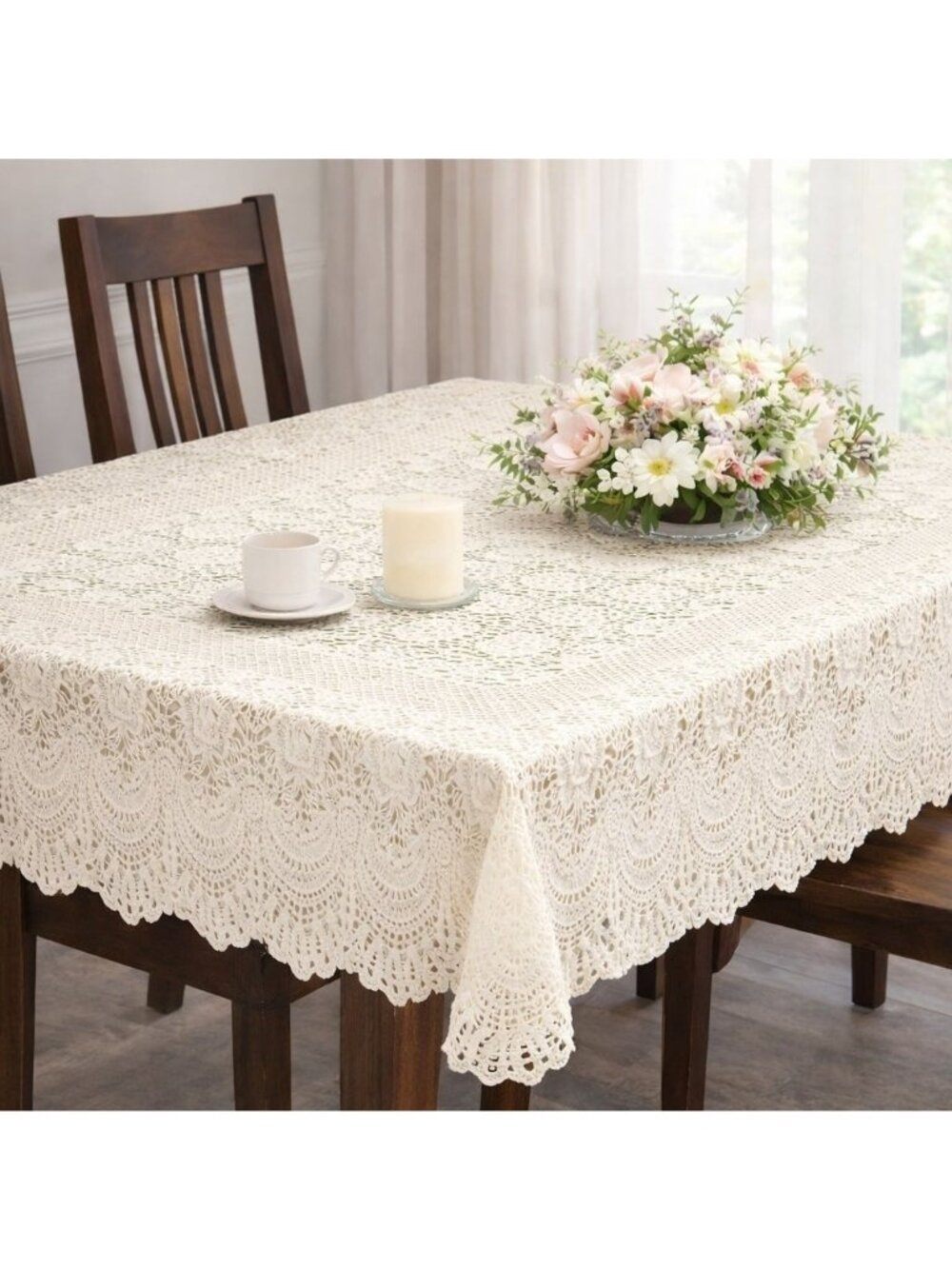 Holiday Time PVC Crochet Tablecloth 60x90 Bone Oblong Vinyl Dining Table Cover